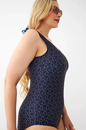 Giyim Kadın Lacivert Geometrik Desenli Büyük Beden Tek Parça Mayo