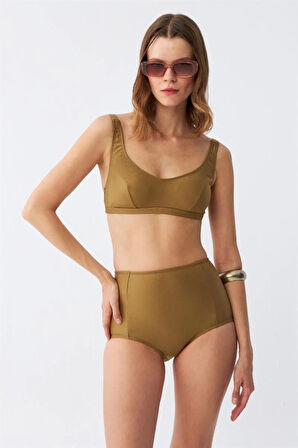 Giyim Kadın Basic Hardal Pedli Yüksek Bel Bikini Takımı
