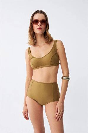 Giyim Kadın Basic Hardal Pedli Yüksek Bel Bikini Takımı