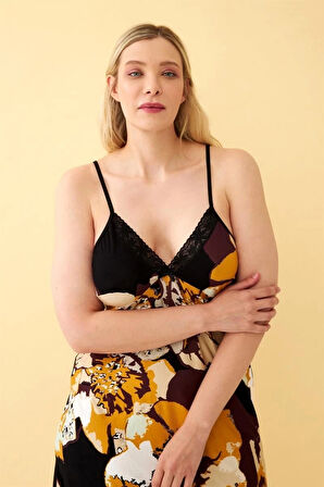 Giyim Kadın Büyük Beden Siyah Çiçek Desenli Askılı Gecelik