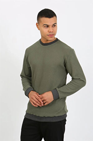 Giyim Erkek Uzun Kol Manşetli Paça Penye Pijama Takımı Haki