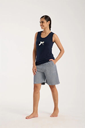 Giyim Kadın Lacivert Kurdele Detaylı Çizgili Şortlu Pijama Takımı