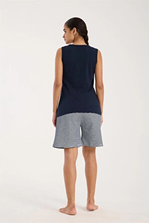 Giyim Kadın Lacivert Kurdele Detaylı Çizgili Şortlu Pijama Takımı