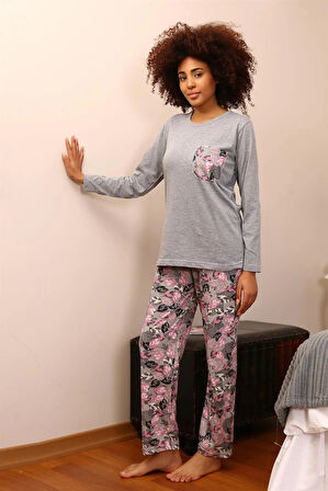 Giyim Kadın Uzun Kol Penye Pijama Takım Gri