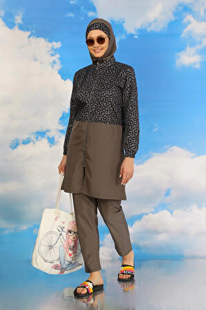 Giyim Kadın Pantolonlu Desenli Tam Tesettür Mayo Füme