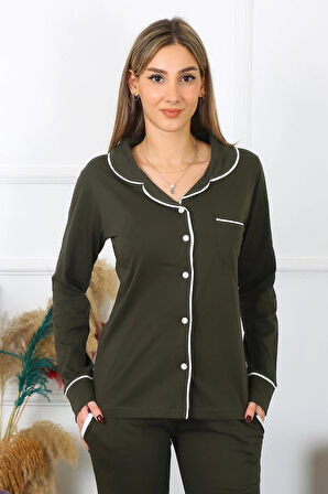 Giyim Kadın Pamuk Penye Önden Düğmeli Uzun Kol Haki Pijama Takım