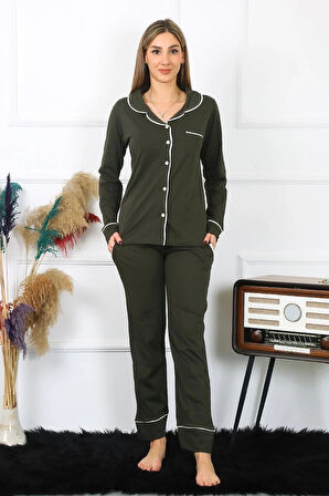 Giyim Kadın Pamuk Penye Önden Düğmeli Uzun Kol Haki Pijama Takım