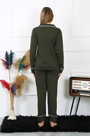 Giyim Kadın Pamuk Penye Önden Düğmeli Uzun Kol Haki Pijama Takım