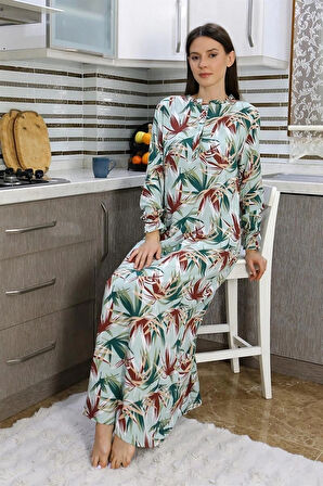 Giyim Kadın Uzun Kol Penye Gecelik Ev Elbisesi Yeşil