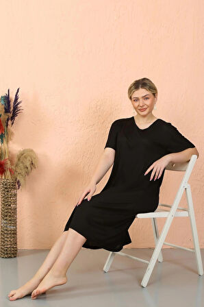 Giyim Kadın Kısa Kol Diz Altı Over Size Siyah Ev Elbisesi - Geceliği