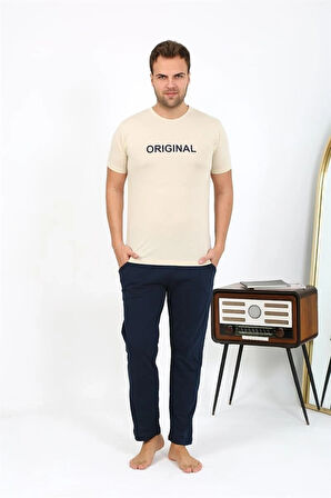 Giyim Erkek Kısa Kol Penye Pijama Takımı Krem