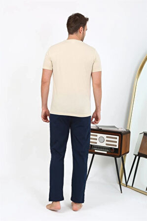 Giyim Erkek Kısa Kol Penye Pijama Takımı Krem