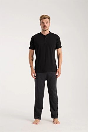 Giyim Erkek Füme Düğmeli Yaka Kısa Kol Pijama Takımı
