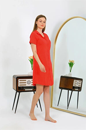 Giyim Kadın Pamuk Penye Kısa Kol Düğmeli Kırmızı Tunik Gecelik