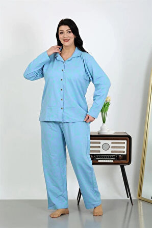 Giyim Kadın Büyük Beden Pamuklu Cepli Düğmeli Mavi Pijama Takım