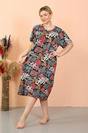 Giyim Kadın Kısa Kol Diz Altı Over Size Ev Elbisesi - Geceliği