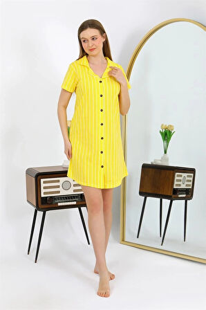 Giyim Kadın Pamuk Penye Kısa Kol Düğmeli Sarı Tunik Gecelik