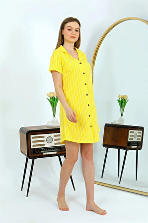 Giyim Kadın Pamuk Penye Kısa Kol Düğmeli Sarı Tunik Gecelik