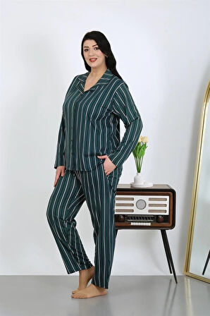 Giyim Kadın Büyük Beden Pamuklu Cepli Düğmeli Petrol Pijama Takım