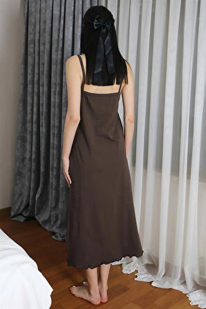 Giyim Kadın İp Askılı Uzun Yırtmaçlı Pamuk Penye Gecelik Kahve