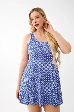 Giyim Kadın Mavi Desenli Büyük Beden Elbise Mayo