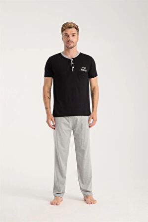 Giyim Erkek Siyah Düğmeli Yaka Kısa Kol Pijama Takımı