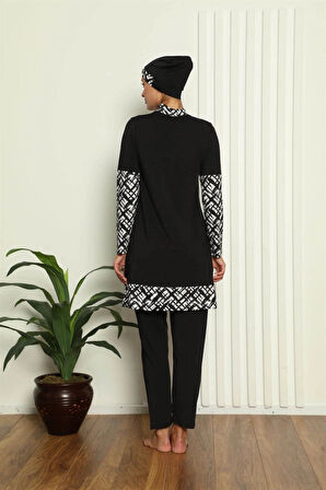 Giyim Tam Tesettür Dijital Desenli Mayo Siyah