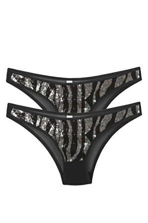 Giyim Kadın Siyah Zebra Desenli Payetli 2'li Slip