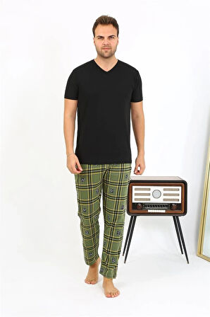 Giyim Erkek Ekoseli Desen Penye Tek Alt Pijama Haki