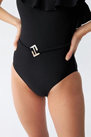 Giyim Kadın Tek Omuz Fırfırlı Mayo Siyah