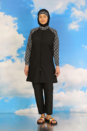 Giyim Kadın Pantolonlu Desenli Tam Tesettür Mayo Siyah