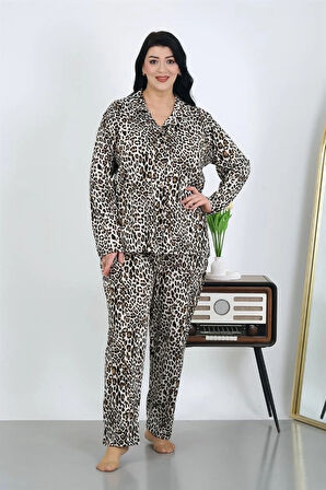 Giyim Kadın Büyük Beden Pamuklu Cepli Düğmeli Kahve Pijama Takım