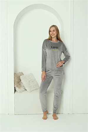 Giyim Kadın Kadife Gri Pijama Takım