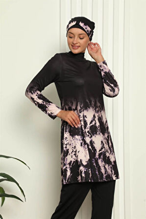 Giyim Tam Tesettür Dijital Desenli Mayo Siyah