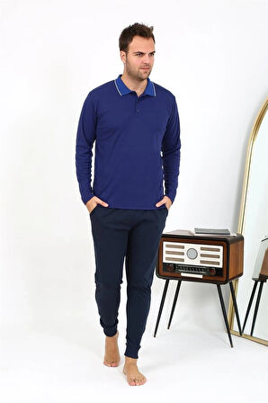 Giyim Erkek Polo Yaka Uzun Kol Penye Pijama Takımı Lacivert