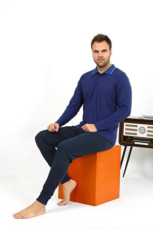Giyim Erkek Polo Yaka Uzun Kol Penye Pijama Takımı Lacivert