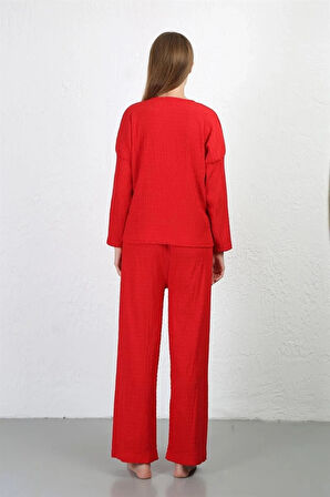 Giyim Kadın Bürümcük Kumaş Pijama Takım Kırmızı