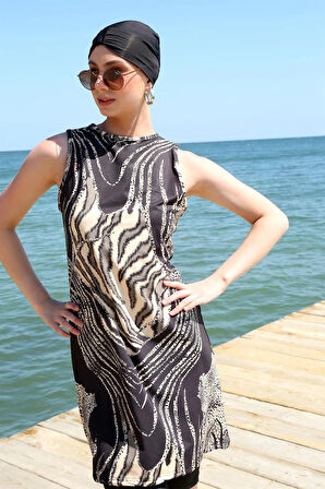 Giyim Sıfır Kol Leopar Yarım Tesettür Mayo Siyah