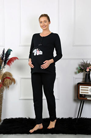 Giyim Kadın Uzun Kol Hamile Lohusa Pijama Takımı Siyah