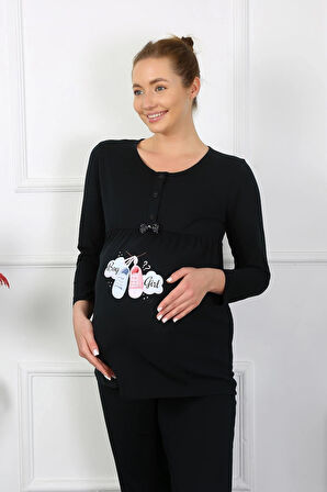 Giyim Kadın Uzun Kol Hamile Lohusa Pijama Takımı Siyah