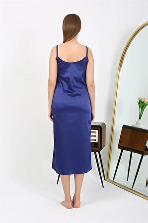 Giyim Yırtmaçlı Uzun Saten Gecelik Lacivert