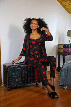 Giyim Kadın 3'lü Sabahlık Pijama Takım Siyah