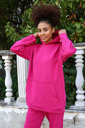 Giyim Kadın Pamuk Kapşonlu Cepli 3 İplik Fuşya Eşofman Takım