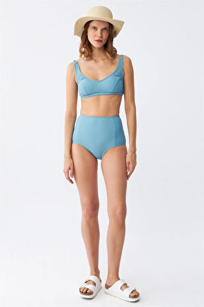 Giyim Kadın Basic Turkuaz Pedli Yüksek Bel Bikini Takımı