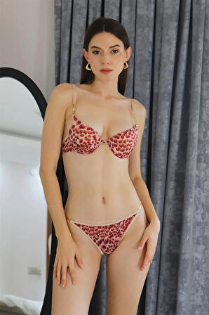 Giyim Kadın Destekli Leopar Desenli Sütyen Takım Kırmızı