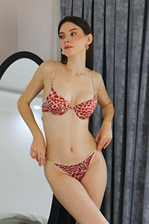 Giyim Kadın Destekli Leopar Desenli Sütyen Takım Kırmızı