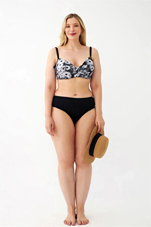 Giyim Kadın Papatya Desenli Gri Büyük Beden Bikini Takımı