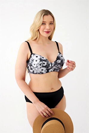 Giyim Kadın Papatya Desenli Gri Büyük Beden Bikini Takımı