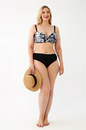 Giyim Kadın Papatya Desenli Gri Büyük Beden Bikini Takımı