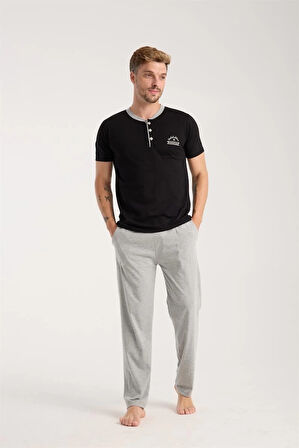 Giyim Erkek Siyah Düğmeli Yaka Kısa Kol Pijama Takımı